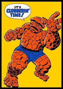 Which superhero is known for the catchphrase 'It's clobberin' time'?