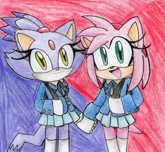 After dinner, the doorbell rings. "i'll get it", you say. you open the door, and standing before you are a purple cat, pink hedgehog, and a blue hedgehog, who introduce themselves as Blaze, Amy, and Sapphire.