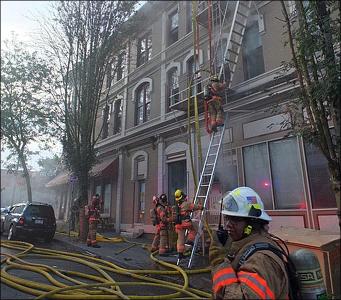 A three-alarm fire damaged a historic hotel in Portland. What is the name of the hotel?