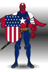 Which superhero has a red and blue suit with a matching shield?