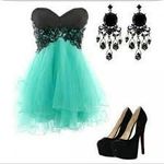Black and blue strapless dress with black heels Black and blue strapless dress with black heels