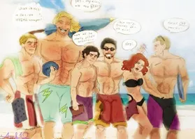 Avengers at the beach. Avengers at the beach.