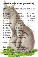 Warrior cat name ideas? (#1) I'm writing a series about warrior cats. I need names... Here are the cats I need names for: Strikepaw- (Strikefur?) ginger tabby she-cat, mean and sassy Toadpaw- (Toadfang?) muscular brown tom (Strikepaw's brother), mean and a bully Darkkit- (Darktail?) black tom Shadowkit- (Shadowtail?) black tom Cloudpaw- (Cloudwhisker?) pale gray tom, medicine cat apprentice, kind, considerate, and patient Also, I need more characters... Name: Age (optional): Gender: Appearance: Rank (optional): Personality (optional, but very much suggested): Backstory (optional): Please answer all parts: - names for the kits/apprentices on top - fill in a character form (at least one!) Thanks in advance! (We need a leader) Warrior cat name ideas? (#1) I'm writing a series about warrior cats. I need names... Here are the cats I need names for: Strikepaw- (Strikefur?) ginger tabby she-cat, mean and sassy Toadpaw- (Toadfang?) muscular brown tom (Strikepaw's brother), mean and a bully Darkkit- (Darktail?) black tom Shadowkit- (Shadowtail?) black tom Cloudpaw- (Cloudwhisker?) pale gray tom, medicine cat apprentice, kind, considerate, and patient Also, I need more characters... Name: Age (optional): Gender: Appearance: Rank (optional): Personality (optional, but very much suggested): Backstory (optional): Please answer all parts: - names for the kits/apprentices on top - fill in a character form (at least one!) Thanks in advance! (We need a leader)