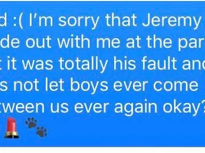 "I'msorrythatjeremymadeoutwithmeatthepartybutitwastotallyhisfaultandlet'snotletboysevercomebetweenusagainokay? ???"