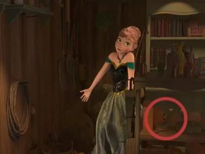 In Oaken's trade shop what is on a shelf (hidden) behind Anna?