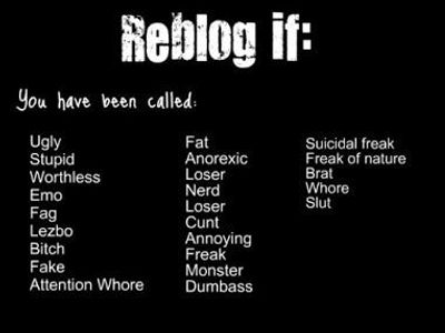 i have been called: ugly, stupid, loser, b*tch, whor3, annoying, and nerd :(