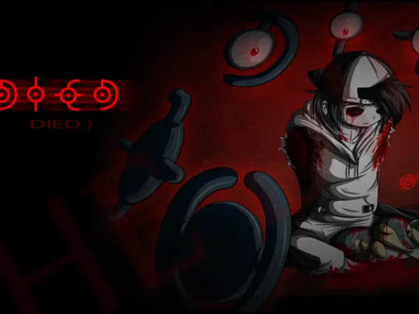 Oke, so now your carefully walking around the slender-house searching for a way to get out. In front of you was a black door, so you opened it out curiosity, you felt a chill down your spine and you saw all these, floating weird letters?... as you just think it's the "may have been poisoned" cookies that caused you seeing weird things , you saw a boy in the middle with pale skin, red eyes, black hair, wearing a white cap, white sweater, white jeans as he didn't have any arms and had allot of stained blood in it's place, and looked like he was... crying, Blood?...