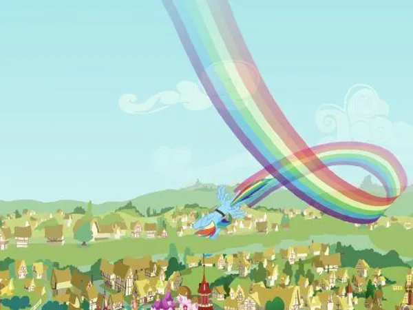 You walk away from the Filly, and suddenly, somepony fluttered past quickly before you could take a glance on her. You look up. All the clouds were cleared. It was as if some Unicorn used her Magic to clear the sky! You see a cloud, and on top of it, a Pony curls down. You remember Twilight describing such a Pony on this way. Her name is Rainbow Dash and has a Rainbow Colored Mane. She is a Pegasus. You ask her whether her name is Rainbow Dash and it was true!  Rainbow Dash : Hi! I'm Rainbow Dash and I'm 20% cooler than anypony else in Ponyville. I'm awesome, take caution, watch out for me, I'm awesome as I wanna be!