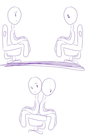 if bathrooms were designed for two people per stall, would you rather have it so that the toilets, thus users, face eachother like in the picture above? or face opposite directions however the user's must touch backs. (drawn below)
