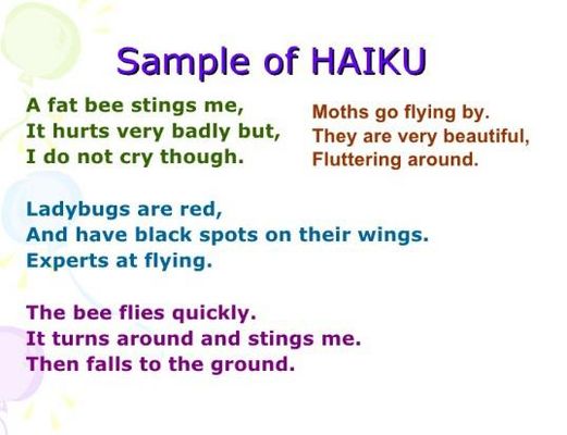 How many possible haiku combinations are there in English? The haiku poem is a description of something told in 17 syllables and three lines. The lines have 5 (top) 7 (middle) and 5 (last) syllables, which makes 17. So you can only use real words in English, you cannot split words over two lines. How many unique haikus are possible? (Or take a guess because it may take years to figure this out) How many possible haiku combinations are there in English? The haiku poem is a description of something told in 17 syllables and three lines. The lines have 5 (top) 7 (middle) and 5 (last) syllables, which makes 17. So you can only use real words in English, you cannot split words over two lines. How many unique haikus are possible? (Or take a guess because it may take years to figure this out)