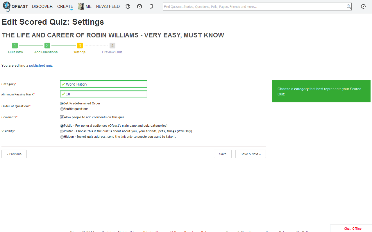 Edit Scored Quiz Settings: Category, Toggle Comments, Change Quiz Visibility