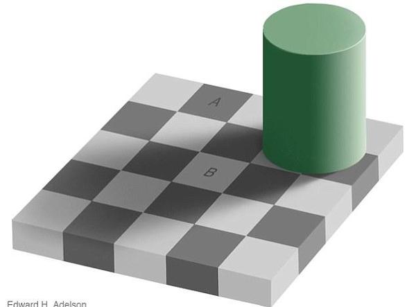 <c:out value='Will you believe this? The squares marked 'A' and 'B' are actually exactly the same shade of grey!'/>