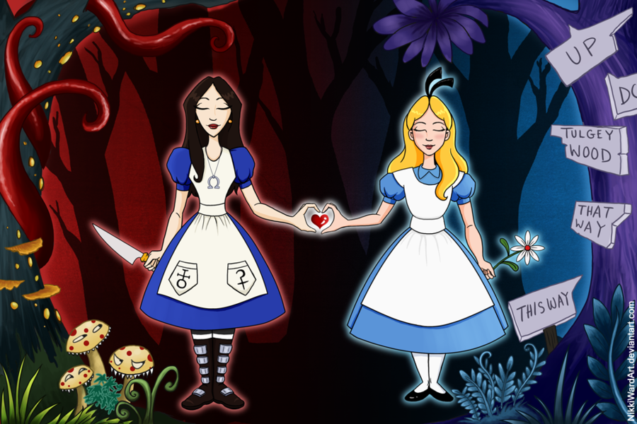 Рисунок про алису. Алиса из страны чудес и Алиса из страны кошмаров. Алиса в стране чудес и Алиса в стране кошмаров. Алиса в стране чудес сестра Алисы. Алиса МАКГИ И Алиса Дисней.