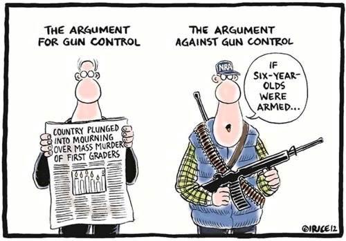 No! We need guns to protect ourselves from people who wouldn't have guns with gun control! No! We need guns to protect ourselves from people who wouldn't have guns with gun control!