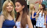 Nickelodeon costars Ariana Grande and Jennette McCurdy lark around on set of TV commercial | Mail Online