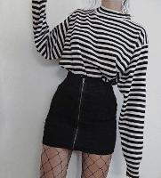 Title: striped shirt combined with an velvet black skirt & fishnets