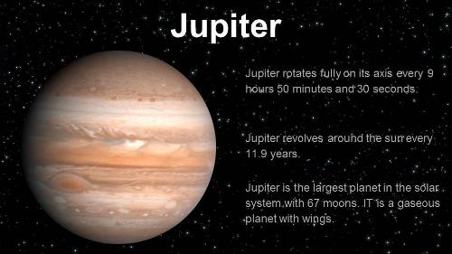 Jupiter day, year ,distance , temprature, size ?