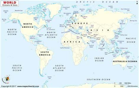 Which ocean is located between the continents of Africa and Asia?