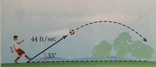 44ft/s يركل لاعب كرة قدم من سطح الارض بسرعة مقدار   33°وبزاوية قياسها  مع سطح الارض كما في الشكل  اوجد مقدار المركبة الافقية