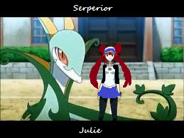 You guys stopped and hopped out. "Come on!" Jenna said. You guys ran into a red haired girl with a Serperior. "Oh, I'm so sorry Ms. Julie" Your friend said. "It's fine really." She said. "Right Serperior?" Serperior nodded. "So what's you're names?" She asked. "I'm Jenna." Jenna said.
