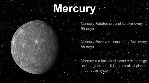 mercury ,day, year ,distance , temprature, size ?