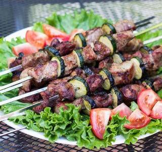 Shashlyk?  “Shashlik or shashlyk is a dish of skewered and grilled cubes of meat, similar to or synonymous with shish kebab. It is known by this name traditionally in the Caucasus and Central Asia, and from the 19th century became popular across much of the Russian Empire.” Wikipedia.