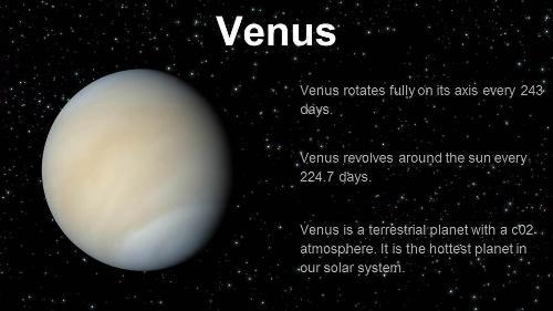 VENUS ,day, year ,distance , temprature, size ?