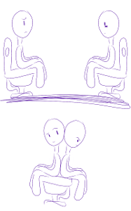 if bathrooms were designed for two people per stall, would you rather have it so that the toilets, thus users, face eachother like in the picture above? or face opposite directions however the user's must touch backs. (drawn below)