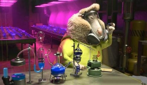 What is the name of the sheep chemist who works for the film's villain?