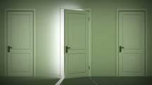 You are in a corridor which has 3 doors. The first door has no lighting at all and is pitch black, the second door has fog spilling out of it, and the third door has bright lighting. which door do you choose?