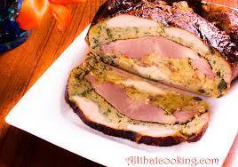 "Turducken is a dish consisting of a deboned chicken stuffed into a deboned duck, further stuffed into a deboned turkey. Outside of the United States and Canada, it is known as a three bird roast."  Wikipedia