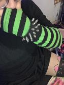 OOTD :DD (black skirt kitty thigh highs and black shirt with black n green stripes)