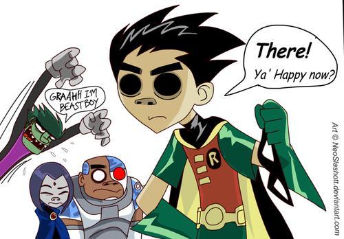 Robin: 2d, Beast Boy: Malcom, Cyborg: Russel and RAven is Noodle