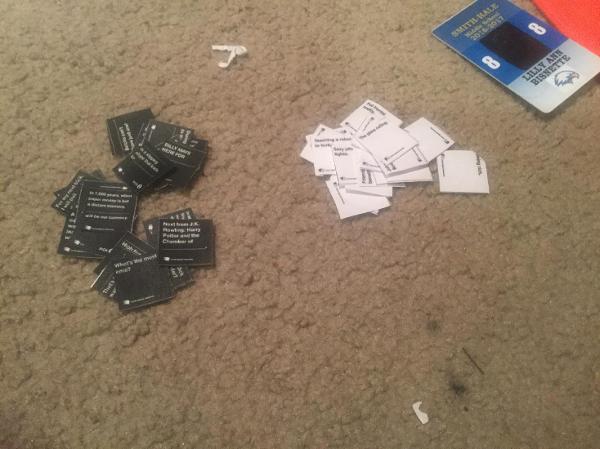 My brother stole my cards against humanity and replaced it with a really small copy