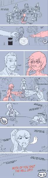 A fight between Ruby and Mr. Schnee, because Weiss said, "Daddy, can you pass the sugar?"