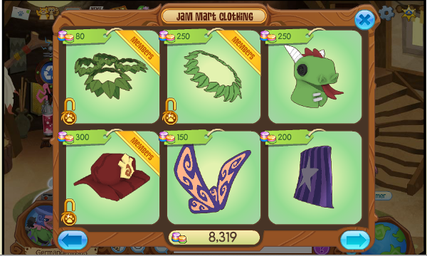 In the Jam Mart Clothing shop, you can buy clothes and accessories for your animal, using "gems."