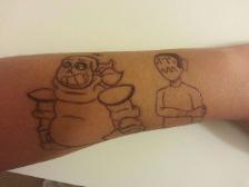 Drew Underswap! Sans and an OC of mine on mah arm. That Sans might be foreshadowing something...