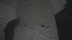 I'm drawing a frog with mushroom hat and snail friend